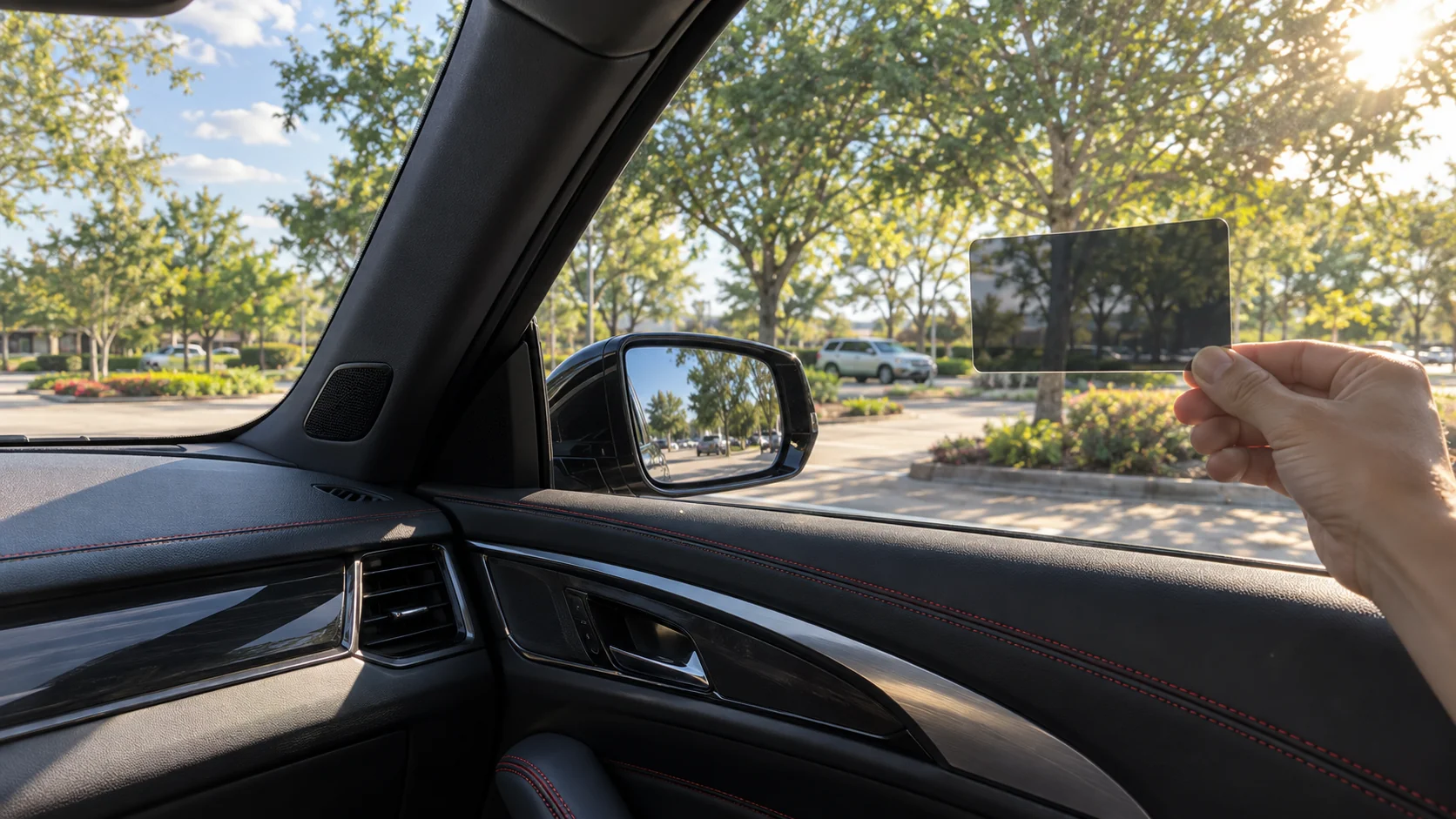 Window film sample held against a car side window in daylight