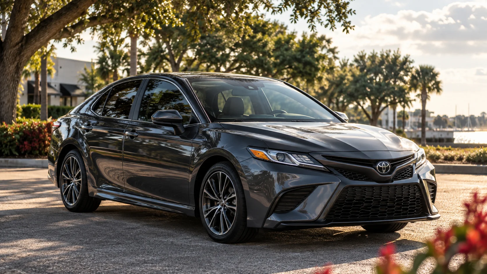 Graphite sedan with tinted side windows parked in afternoon sunlight