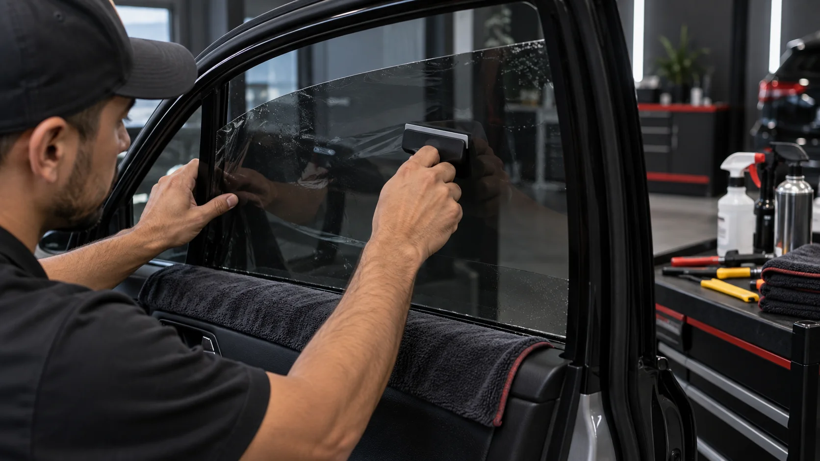 Installer applying window film with a squeegee to a vehicle side window