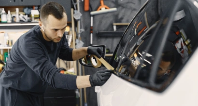 Man wearing black gloves carefully applies masking tape to the window edge of a white car in a workshop setting.