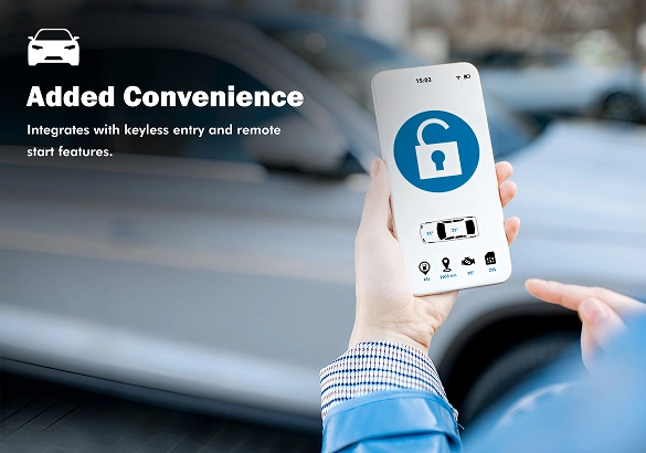 Person holding a smartphone displaying a car security app with a large unlock icon; background shows a parked vehicle. Text reads "Added Convenience – Integrates with keyless entry and remote start features."