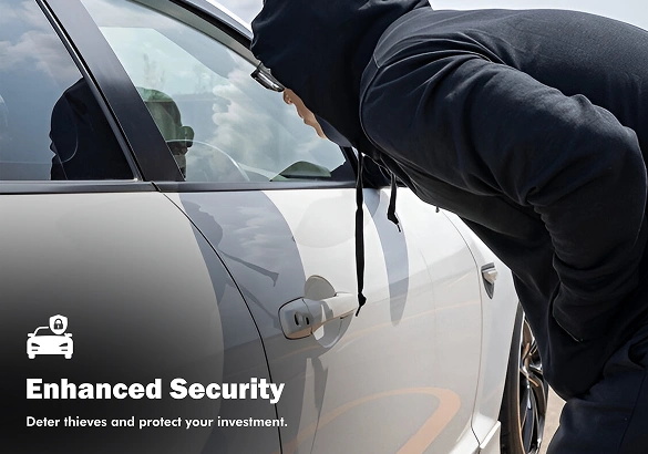 Person in a hoodie peering into a parked car window, next to the text "Enhanced Security – Deter thieves and protect your investment."