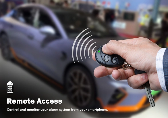 Hand holding a remote key fob with signal waves illustrated, aimed at a parked sports car; text reads "Remote Access – Control and monitor your alarm system from your smartphone."