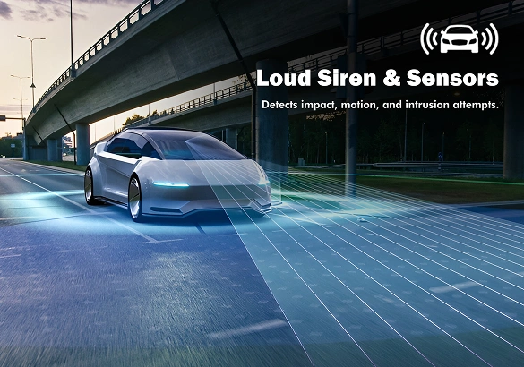 Futuristic car driving on a road with blue sensor beams projecting outward, overlaid with the text "Loud Siren & Sensors – Detects impact, motion, and intrusion attempts."