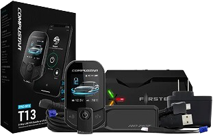 Compustar T13 remote start and security system kit, including a remote control, antenna, wiring components, and packaging box displaying product features.