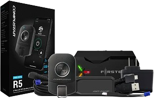 Compustar R5 remote start and security system kit, featuring a compact one-button remote, antenna, USB cables, and product packaging.