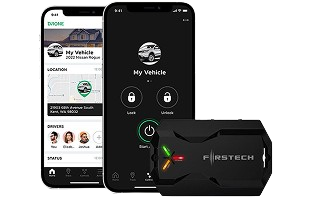 Smartphone displaying the DroneMobile app interface for vehicle control and monitoring, alongside the Firstech hardware module.