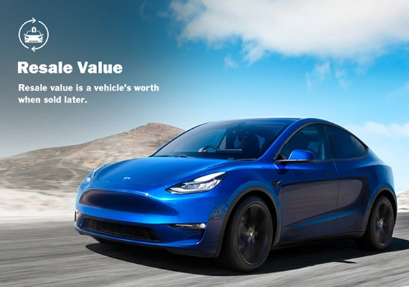 Blue Tesla Model Y driving on a desert road with the text “Resale Value – Resale value is a vehicle’s worth when sold later” and an icon of a car with a dollar sign above.