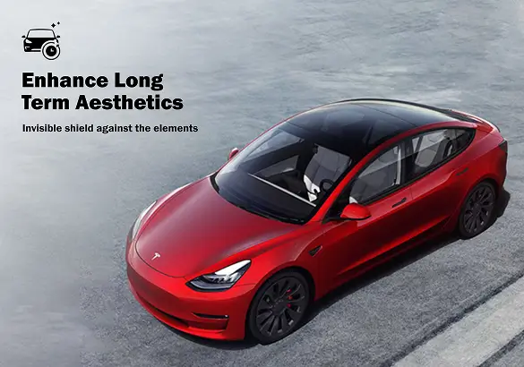Overhead view of a shiny red Tesla Model 3 parked on a gray surface, with the text “Enhance Long Term Aesthetics – Invisible shield against the elements” and an icon of a sparkling car.