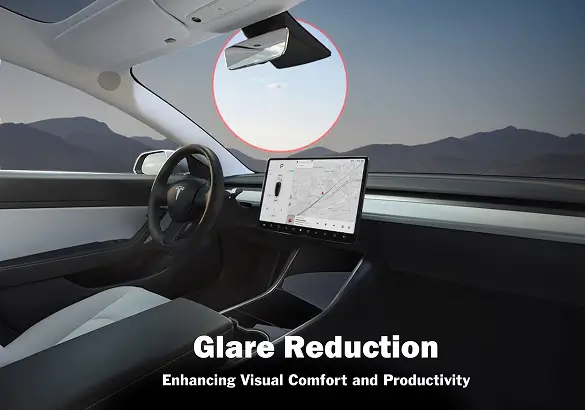 Interior of a Tesla with a clear windshield view showing a bright sun circled to emphasize glare, accompanied by the text “Glare Reduction – Enhancing Visual Comfort and Productivity.”