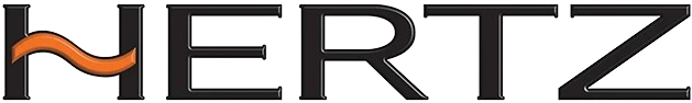 HERTZ logo in sleek black font with an orange wave symbol integrated into the letter “H.”