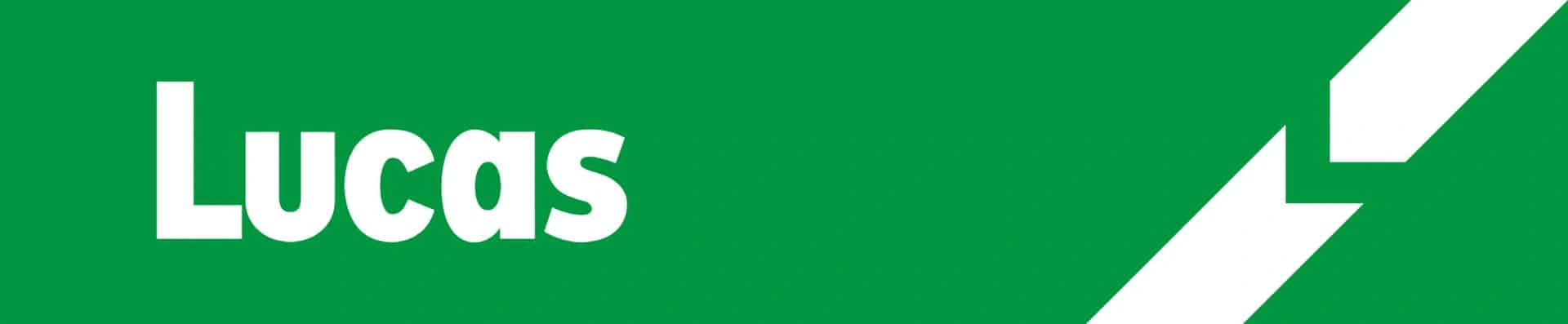 Lucas logo featuring bold white text on a green background with a stylized white arrow graphic on the right side.