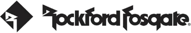Rockford Fosgate logo in black with a stylized geometric “R” emblem and angular typography.