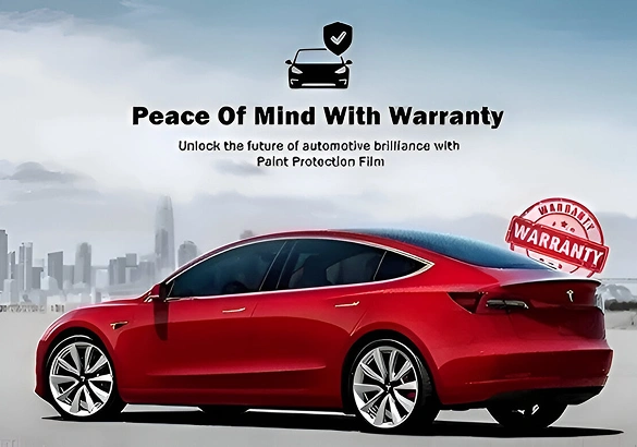 Rear-side view of a red Tesla with a "Warranty" stamp overlay and text reading “Peace Of Mind With Warranty – Unlock the future of automotive brilliance with Paint Protection Film.”