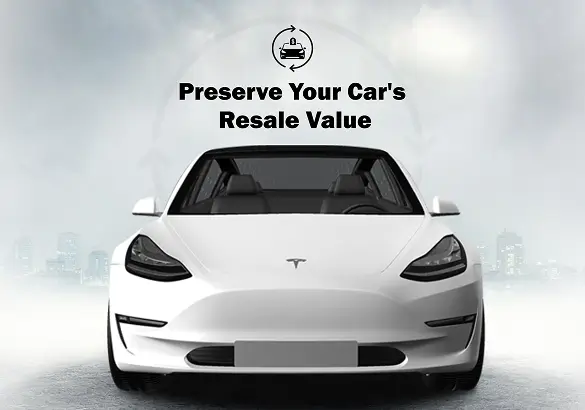 Front view of a white Tesla Model 3 against a foggy cityscape background, with the text “Preserve Your Car's Resale Value” and an icon of a price tag with arrows forming a circle.