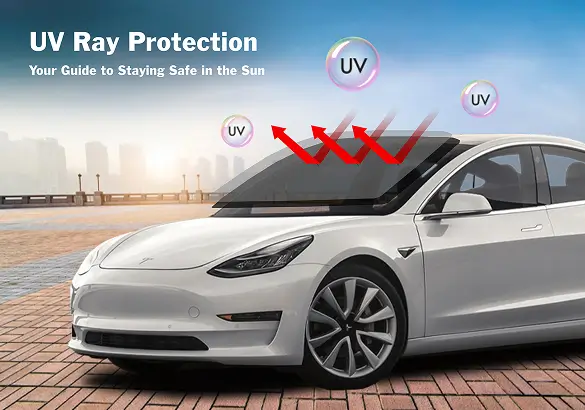 White Tesla parked outdoors with red arrows and UV-labeled bubbles illustrating UV rays being deflected from the windshield, accompanied by the text “UV Ray Protection – Your Guide to Staying Safe in the Sun.”