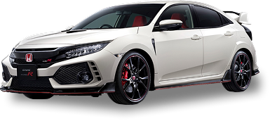 White Honda Civic Type R hatchback with black and red accents, aggressive body styling, red brake calipers, and a large rear wing.