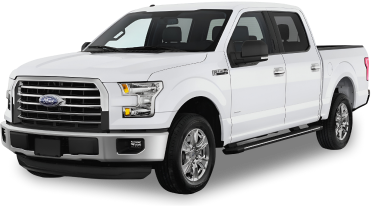White Ford F-150 pickup truck with chrome grille, crew cab, and side steps, offering a blend of utility and comfort.