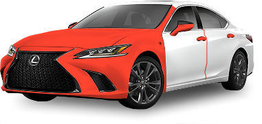 White Lexus sedan with the entire front end, mirrors, and door edges highlighted in red, representing extended paint protection film coverage.