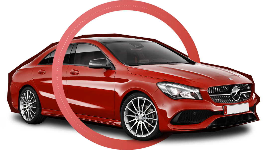 Shiny red Mercedes-Benz sedan with tinted windows and chrome wheels, partially encircled by a semi-transparent red ring.