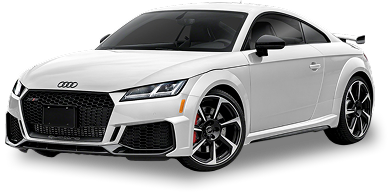 White Audi TT RS coupe with black trim, aggressive front fascia, sporty alloy wheels, and a rear spoiler.