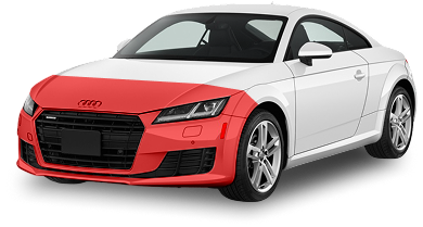 White Audi coupe with the front end, including the hood, bumper, and fenders, highlighted in red to indicate partial paint protection film coverage.