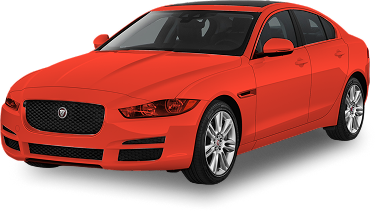 Jaguar sedan completely covered in red overlay, indicating full-body paint protection film application.