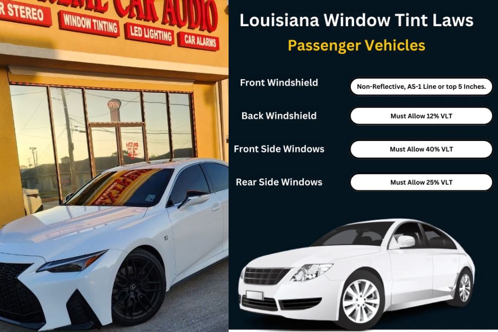 A white sedan with dark-tinted windows is parked in front of Extreme Car Audio, next to an infographic detailing Louisiana window tint laws for passenger vehicles: non-reflective tint on the top 5 inches of the front windshield, 12% VLT for the back windshield, 40% VLT for front side windows, and 25% VLT for rear side windows.
