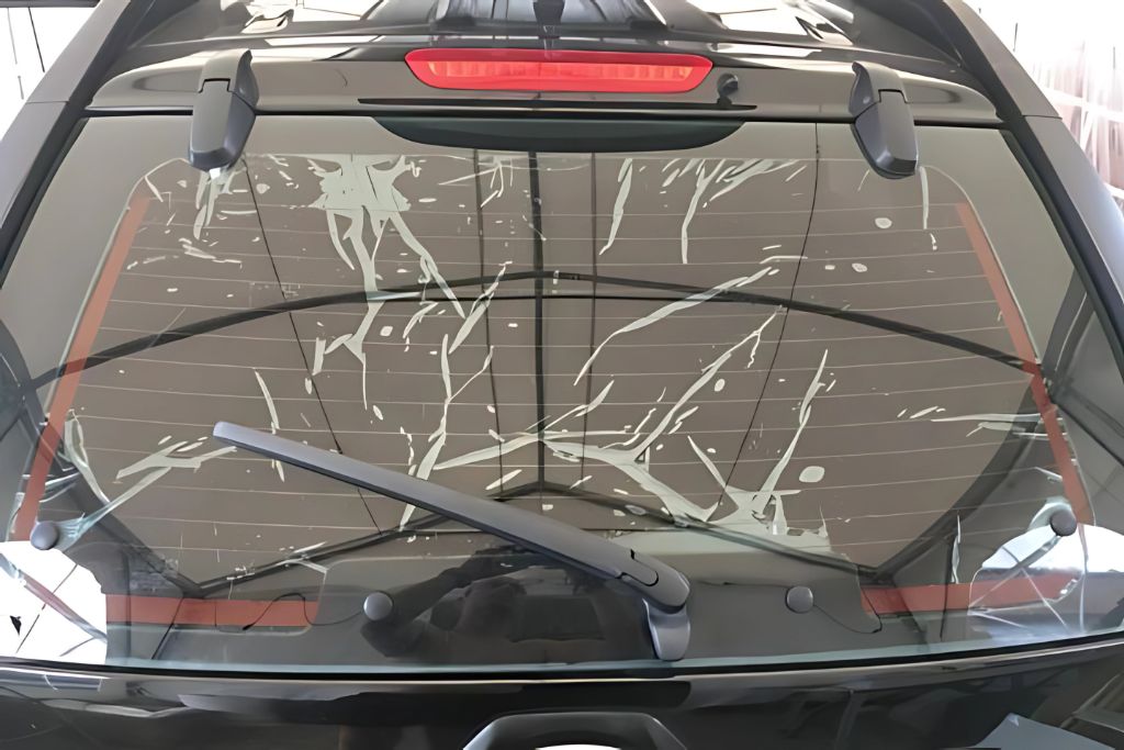 Rear window of a vehicle with a poorly installed tint film, showing visible air bubbles, streaks, and uneven application—common issues with DIY tint jobs.