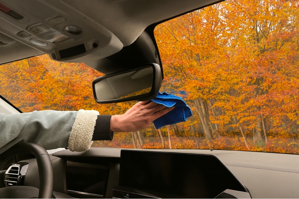 A person wipes the inside of a car windshield with a blue microfiber cloth, framed by autumn trees outside the window. The image supports the topic Tint Longevity Tips by illustrating gentle, seasonal maintenance to preserve window tint.